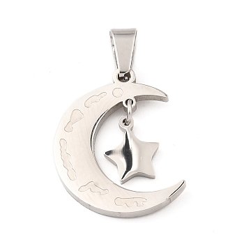 304 Stainless Steel Pendant, Moon with Star Charm, Stainless Steel Color, 23.5x18x2mm, Hole: 7x4mm