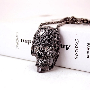 Alloy Rhinestone Keychain, Skull, Gunmetal, 11.6cm