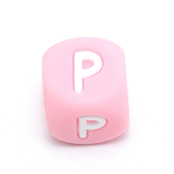 Silicone Alphabet Beads for Bracelet or Necklace Making, Letter Style, Pink Cube, Letter.P, 12x12x12mm, Hole: 3mm