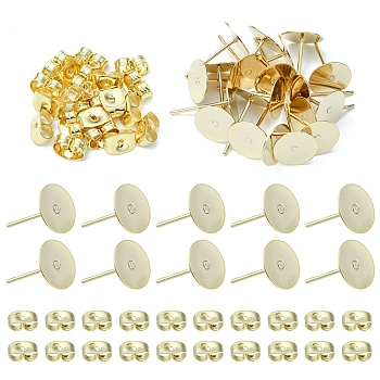 20Pcs 304 Stainless Steel Stud Earring Findings, Flat Round Pad Base Earring Settings, with 20Pcs Friction Ear Nuts, Golden, 8x0.3mm, Pin: 0.7mm