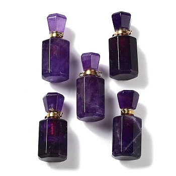 Natural Amethyst Perfume Bottle Pendants, Rectangle Essentail Oil Diffuser Faceted Bottle Charms with Golden Tone Stainless Steel Findings, for Jewelry Making, 35.5~36x16x15~15.5mm, Hole: 1.6mm