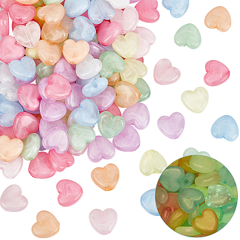 150Pcs Luminous Transparent Acrylic Beads, Glow in the Dark Beads, Heart, with Glitter Powder, Mixed Color, 15x16.5x6.5mm, Hole: 2.5mm