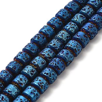 Electroplated Natural Lava Rock Beads Strands, Rondelle, Blue Plated, 6x7mm, Hole: 1mm, about 67~68pcs/strand, 15.35~15.75 inch(39~40cm)