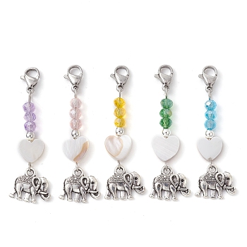 Glass Pendant Decorations, with Tibetan Style Alloy Charms, Heart with Elephant, Mixed Color, 46mm