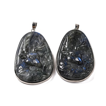 Natural Labradorite Carved Deer Big Pendants, Egg Shaped Charms with Platinum Plated Rack Plating Brass Snap on Bails, 53x32x8mm, Hole: 5x4mm