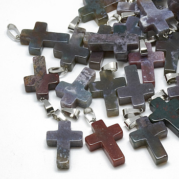 Natural Indian Agate Pendants, with Stainless Steel Snap On Bails, Cross, 29~30x18~19x5~6mm, Hole: 6x4mm
