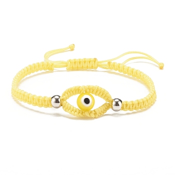 Lampwork Evil Eye Braided Bead Bracelet, Adjustable Friendship Bracelet for Women, Light Yellow, Inner Diameter: 2-1/8~3-1/2 inch inch(5.3~8.8cm)