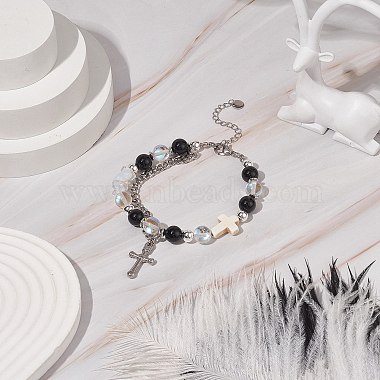 Natural & Synthetic Mixed Stone Beaded Bracelet with Cross Charm(BJEW-TA00184-02)-5