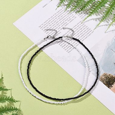 2 pcs 2 couleurs ensemble de colliers de perles de verre noir et blanc(NJEW-FZ00003)-6