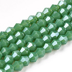 Opaque Solid Color Electroplate Glass Beads Strands, Pearl Luster Plated, Faceted, Bicone, Medium Sea Green, 2.9~3.3x2.5mm, Hole: 0.7mm, about 135~140pcs/strand, 38~40cm(EGLA-A039-P2mm-A08)