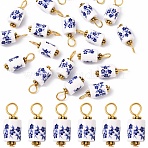20Pcs Blue & White Floral Printed Porcelain Pendants, with Golden Tone Iron Loops, Column, 20mm, Hole: 4mm(PALLOY-YW00112-03)