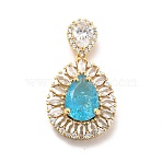 Brass Clear Cubic Zirconia Pendants, Cadmium Free & Nickel Free & Lead Free, with Glass Rhinestone, Teardrop Charms, Real 18K Gold Plated, Light Sky Blue, 36mm, Hole: 4x2.5mm(KK-I695-065G-02)