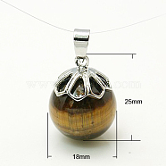 Tiger Eye Pendants, with Brass Findings, Round, Platinum Metal Color,  25x18mm, Hole: 7x4mm(X-G-C099-3)