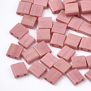 2-Hole Opaque Glass Seed Beads, Frosted, Rectangle, Light Coral, 5x4.5~5.5x2~2.5mm, Hole: 0.5~0.8mm(SEED-S023-09A)