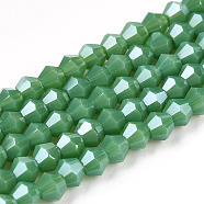 Opaque Solid Color Electroplate Glass Beads Strands, Pearl Luster Plated, Faceted, Bicone, Medium Sea Green, 2.9~3.3x2.5mm, Hole: 0.7mm, about 145~150pcs/strand, 16.34~16.54 inch(41.5~42cm)(EGLA-A039-P2mm-A08)