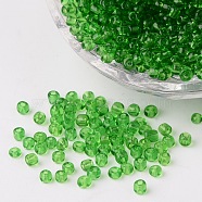 8/0 Glass Seed Beads, Transparent, Round, Green, 3mm, Hole: 1mm, about 1097pcs/50g(X-SEED-A004-3mm-7)