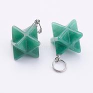 Natural Green Aventurine Pendants, with 201 Stainless Steel Split Rings, Stainless Steel Color, Merkaba Star, 22~23x16.5~17x19mm, Hole: 6mm(G-E398-02G)