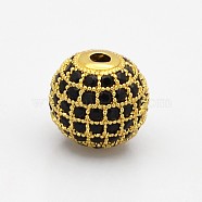 CZ Brass Micro Pave Grade AAA Black Color Cubic Zirconia Round Beads, Cadmium Free & Nickel Free & Lead Free, Golden, 6mm, Hole: 1.5mm(KK-O065-6mm-01G-NR)