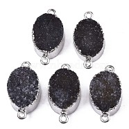 Natural Druzy Agate Links Connectors, with Edge Platinum Plated Iron Loops, Dyed, Oval, Black, 25~26x13.5x8~9mm, Hole: 1.5mm(G-S359-083A)