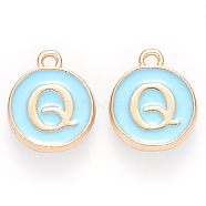 Golden Plated Alloy Enamel Charms, Cadmium Free & Lead Free, Enamelled Sequins, Flat Round, Sky Blue, Letter.Q, 14x12x2mm, Hole: 1.5mm(ENAM-S118-04Q)