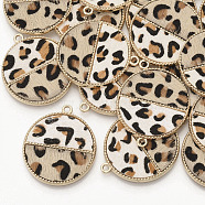 Eco-Friendly Cowhide Leather  Pendants, with Golden Plated Alloy Cabochon Settings, Flat Round with Leopard Print Pattern, Antique White, 33x28.5x2mm, Hole: 1.8mm(FIND-N049-01H)