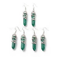 Synthetic Malachite Bullet with Flower Dangle Earrings, Platinum Tone Brass Jewelry for Women, Cadmium Free & Lead Free, 62~63mm, Pin: 0.6mm(EJEW-G300-02P-11)