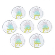 Transparent Resin Pendants, with Glitter Powder, Flat Round with Unicorn, Colorful, 27.5~28x3~3.5mm, Hole: 1.4mm(RESI-N030-003)