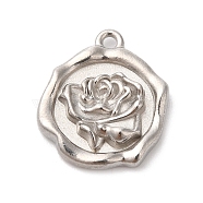 Titanium Steel Pendants, Stainless Steel Color, Flower Pattern, Flat Round, 16x13.5x3mm, Hole: 1.2mm(STAS-D049-03A)