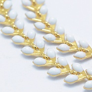 3.28 Feet Brass Handmade Chains, Unwelded, with Enameled Cobs, Long-Lasting Plated, Leaf, Real 18K Gold Plated, White, 6.5x6x0.5mm(X-CHC-P004-C01G)