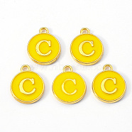 Golden Plated Alloy Enamel Charms, Enamelled Sequins, Flat Round with Letter, Gold, Letter.C, 14x12x2mm, Hole: 1.5mm(X-ENAM-S118-09C)