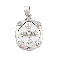 Rack Plating Brass Clear Cubic Zirconia Charms, with Shell, Oval with Cross, Platinum, 20x14.5x3.5mm, Hole: 5x3mm(KK-L217-003P)