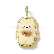 Opaque Resin Pendants, Large Hole Pendant, with Real 18K Gold Plated Brass Findings & Clear Cubic Zirconia, Cadmium Free & Lead Free, Rabbit with Peru Bowknot, Light Yellow, 31x22.5x9mm, Hole: 4.5x7mm(KK-G406-14G)