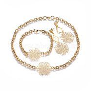 304 Stainless Steel Jewelry Sets, Stud Earrings & Necklaces & Bracelets, Flower, Golden, 16.7 inch(42.5cm), 68x27mm, Pin: 0.7mm, 9 inch(23cm)(SJEW-G073-04G)