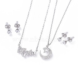 304 Stainless Steel Jewelry Sets, Brass Micro Pave Cubic Zirconia Pendant Necklaces and 304 Stainless Steel Stud Earrings, with Ear Nuts/Earring Back, Mixed Shapes, Stainless Steel Color, 17.3~18.5 inch(44~47cm), 5.5x4mm, Pin: 0.8mm(SJEW-F211-02-P)