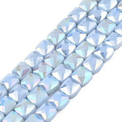 Electroplate Opaque Solid Color Glass Beads Strands, AB Color Plated, Faceted, Square, Light Sky Blue, 6.5x6.5x4.5mm, Hole: 1.2mm, about 97~99Pcs/strand, 25 inch(63.5cm)(EGLA-N002-43-02)