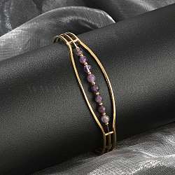 304 Stainless Steel Cuff Bangles for Women, with Natural Amethyst Beads, Ion Plating(IP), Golden, Inner Diameter: 2-1/2x1-3/4 inch(6.5x4.55cm)(BJEW-Z087-08G)