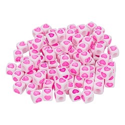 Opaque White Acrylic European Beads, Large Hole Beads, Cube with Heart Pattern, Fuchsia, 7x7x7mm, Hole: 4mm, 100Pcs/Bag(OPDL-FS0001-02B)