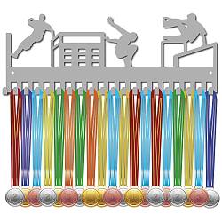 Fashion Iron Medal Hanger Holder Display Wall Rack, 20-Hooks, with Screws, Silver, Parkour, Sports, 150x400mm, Hole: 5mm(ODIS-WH0037-181)