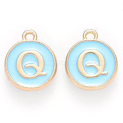 Golden Plated Alloy Enamel Charms, Cadmium Free & Lead Free, Enamelled Sequins, Flat Round, Sky Blue, Letter.Q, 14x12x2mm, Hole: 1.5mm(ENAM-S118-04Q)