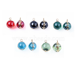 Transparent Glass Pendants, with Brass Findings, Round, Light Gold, Mixed Color, 17x13x12.5mm, Hole: 2mm(X-GLAA-T007-04-M)