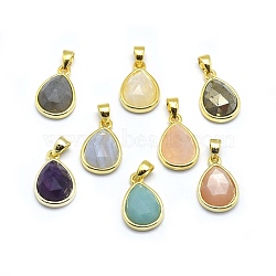 Natural Mixed Stone Pendants, with Golden Tone Brass Findings, teardrop, Faceted, 14.5x9.5x5mm, Hole: 2.5x3.5mm(G-O176J-10)