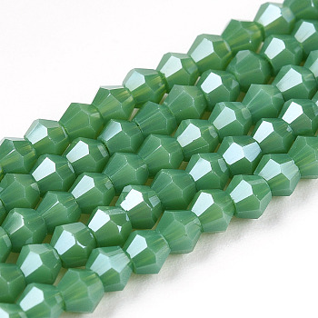 Opaque Solid Color Electroplate Glass Beads Strands, Pearl Luster Plated, Faceted, Bicone, Medium Sea Green, 2.9~3.3x2.5mm, Hole: 0.7mm, about 145~150pcs/strand, 16.34~16.54 inch(41.5~42cm)