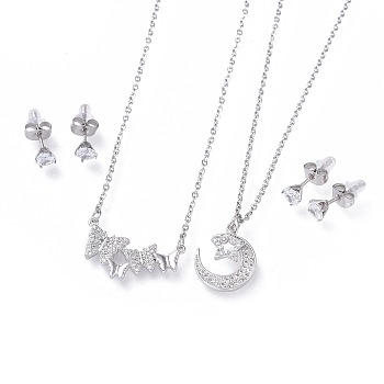 304 Stainless Steel Jewelry Sets, Brass Micro Pave Cubic Zirconia Pendant Necklaces and 304 Stainless Steel Stud Earrings, with Ear Nuts/Earring Back, Mixed Shapes, Stainless Steel Color, 17.3~18.5 inch(44~47cm), 5.5x4mm, Pin: 0.8mm