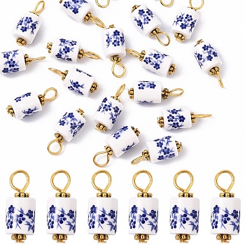 20Pcs Blue & White Floral Printed Porcelain Pendants, with Golden Tone Iron Loops, Column, 20mm, Hole: 4mm