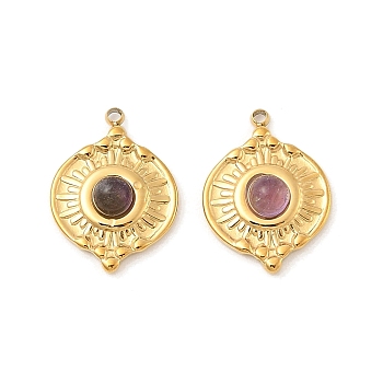 Natural Amethyst Pendants, with 304 Stainless Steel Findings, Ion Plating(IP), Flat Round Charms, Real 18K Gold Plated, 17x12.5x4mm, Hole: 1.2mm