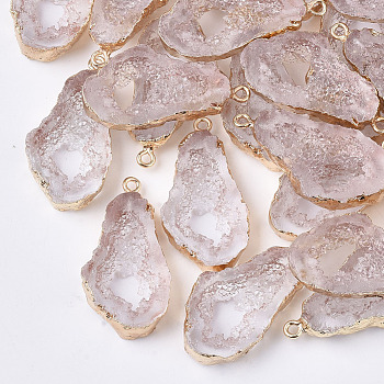 Druzy Resin Pendants, Imitation Geode, with Edge Light Gold Plated Iron Loops, Nuggets, Clear, 36~37x19x6mm, Hole: 1.8mm