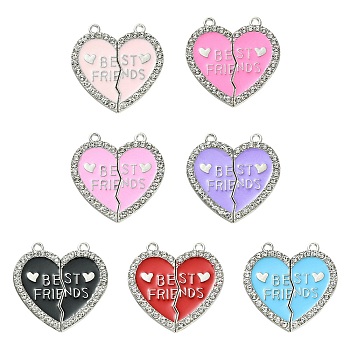 7 Sets 7 Colors Alloy Enamel Split Pendant, with Rhinestone, Cadmium Free & Nickel Free & Lead Free, Platinum, Broken Heart with Word Best Friend, Mixed Color, 31x30.5x2mm, Hole: 2mm, 1 set/color