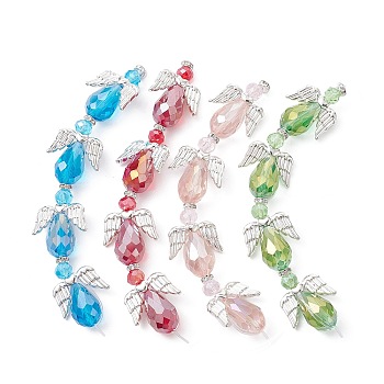 Angel Fairy Shape Electroplate Transparent Glass Beads Strands, with Tibetan Style Alloy Wing Beads, Mixed Color, 26x18.5x10mm, Hole: 0.7mm, about 4pcs/strand, 3.94''(10cm)
