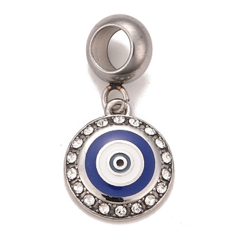 304 Stainless Steel Crystal Rhinestone European Dangle Charms, Large Hole Pendants, with Enamel, Stainless Steel Color, Flat Round with Evil Eye, Blue, 24mm, Hole: 4.5mm