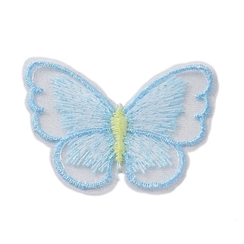 Sew on Computerized Embroidery Polyester Clothing Patches, Appliques, Butterfly, Light Sky Blue, 47x58x1.5mm